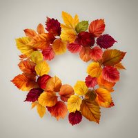 Vibrant autumn wreath made of colorful fall leaves in red, orange, yellow, and burgundy hues arranged in circular pattern on neutral background.