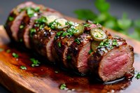 Juicy sliced beef tenderloin with fresh herbs and jalapeno peppers on wooden board, medium rare steak in savory sauce, close up view of gourmet dinner.