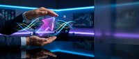 Businessman holding glowing purple arrow symbol with digital network lines and blue light effects, representing growth, success, and forward momentum in technology and business innovation.