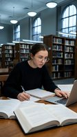 Young woman with dark hair and glasses, wearing a black sweater, studies at a wooden desk in a library with open books and laptop, surrounded by wooden bookshelves and modern ceiling lights.