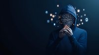 Hooded figure with digital data elements emerging from head, representing cybersecurity, artificial intelligence and digital transformation in dark atmosphere.