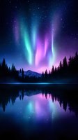 Vibrant aurora borealis dancing over mountain lake at night, reflecting in still water amid silhouetted pine forest under starry sky with purple and turquoise lights.