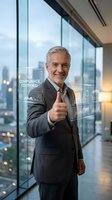 Confident senior Caucasian businessman giving thumbs up with tax compliance certification hologram in modern office overlooking city skyline at sunset.