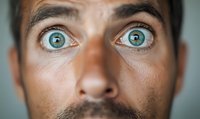 Close-up portrait of surprised male face focusing on wide-open bright blue eyes expressing shock and amazement. Dramatic lighting emphasizes facial expression.