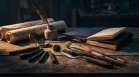Vintage calligraphy tools with quill pens, ink bottles and aged parchment scrolls on wooden desk creating atmospheric writing workspace for creative projects.