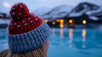 Red and gray knitted winter hat on woman looking at serene blue lake with mountain landscape and bokeh lights at dusk.