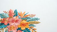 Colorful embroidered floral arrangement with pink, yellow, and orange blooms featuring teal leaves on white background, isolated for textile and craft design projects.
