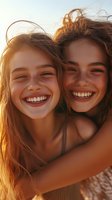 Young women with freckles and natural smiles share genuine laughter during golden hour sunset. Close-up portrait capturing authentic joy and friendship moments.