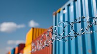 Razor wire security barrier on colorful cargo containers against blue sky with white clouds, representing border protection and industrial safety measures.