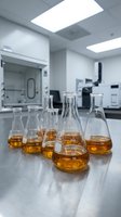 Laboratory glassware with amber liquid samples on sterile counter in modern research facility for scientific testing and chemical analysis experiments.