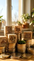Wooden blocks with renewable energy icons stacked on coins, symbolizing sustainable investment and green finance growth on wooden surface with plants and window light.