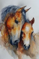 Watercolor painting of two horses with flowing manes in warm orange and cool blue tones, artistic equine portrait showing bond between mare and foal.