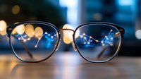 Eyeglasses reflecting stock market chart with blue glowing trading graph overlay on lens. Bokeh city lights background creates modern finance concept.