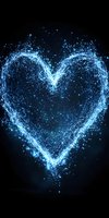 Glowing blue heart shape formed by connected dots and lines on dark background, creating a network effect with scattered light particles and constellation style.