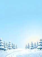 Snowy winter landscape with frost-covered evergreen trees lining a winding path through pristine snow, featuring a serene gradient sky transitioning from blue to white. Suitable for seasonal greeting cards and holiday designs.