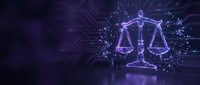 Digital justice scales hologram with glowing particles on dark purple background for legal technology and law firm presentations.