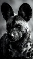 African wild dog portrait in black and white showing detailed facial features and distinctive large rounded ears against blurred natural background.