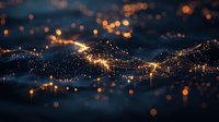Glowing golden particles and light trails create magical atmosphere against dark background with bokeh effect and shallow depth of field.