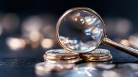 Magnifying glass examining stack of golden coins on dark background with bokeh lights, financial analysis and investment concept for business.