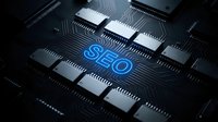 SEO search engine optimization concept on computer circuit board with microchips and electronic components for digital marketing technology solutions.