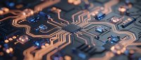 Circuit board with copper pathways and blue electronic components, representing technology, data processing, and digital innovation for tech industry applications.