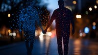 Silhouettes of couple walking in rain at night with bokeh lights and water splash effect creating magical romantic atmosphere on dark street.