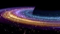 Magical cosmic swirl with glowing particles and colorful light trails against dark background, creating mesmerizing galaxy effect for space and astronomy designs.