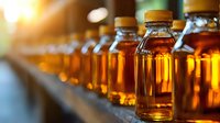 Amber glass bottles filled with golden liquid arranged in row with sunlight creating warm glow and bokeh effect, showing production line or storage shelf.