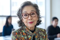 Elegant senior Asian woman with gray hair and stylish glasses wearing colorful floral pattern blouse smiles warmly in office environment, expressing confidence and wisdom.