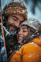 Happy couple embracing in snowy winter weather wearing warm knitted hats and jackets covered with snowflakes during outdoor adventure.