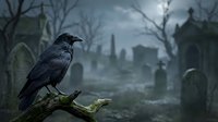 Dark crow perched on branch overlooking misty cemetery with gothic architecture, gravestones and bare trees in moody atmospheric landscape for horror and gothic design projects.
