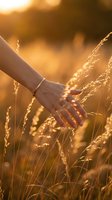 Woman hand gently touching golden wheat grass in warm sunset light creating peaceful nature connection moment for wellness and mindfulness concepts.