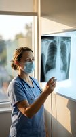 Female doctor in blue scrubs and mask examining chest x-ray on lightbox in modern hospital room with natural window lighting for medical diagnosis.