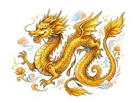 Golden dragon with ornate scales and flowing mane, isolated on white background. Decorative Asian mythical creature with intricate details, suitable for design projects.