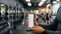 Male athlete with dark skin tone holding blank white bottle in gym environment with equipment and people in background, suitable for fitness product marketing and sports supplement branding.