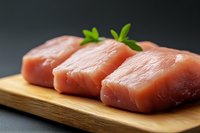 Fresh raw tuna fillets arranged on wooden cutting board with green herbs, close up view against dark background for food photography and culinary design.