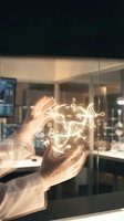 Hands holding glowing DNA helix with digital network connections in modern office environment, representing biotechnology, genetic research, innovation, and scientific discovery for healthcare and medical applications.