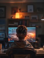 Young male gamer in hoodie sitting at computer setup with dramatic game scene on monitor, warm ambient lighting creates cozy atmosphere in home office space.