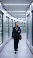 Mature woman in business attire walking through modern corridor with glass offices, holding smartphone and brown leather bag, contemporary workplace environment with LED lighting.
