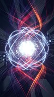 Futuristic energy sphere with glowing light trails and digital particles creating dynamic motion effects for technology and science fiction concepts.