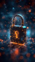 Glowing digital padlock with orange and blue light effects on dark background with bokeh particles, representing cybersecurity and data protection concept.