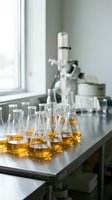 Laboratory glassware with amber liquid samples on metal table near microscope for scientific research and chemical analysis experiments.