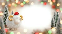Cute sheep figurine wearing Santa hat with golden horns surrounded by miniature evergreen trees and festive bokeh lights, ideal for holiday greeting cards and seasonal marketing materials.