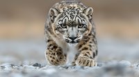 Snow leopard crouching on rocky terrain with intense gaze and spotted fur pattern, displaying predatory stance in natural mountain habitat during winter season.