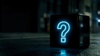 Glowing blue neon question mark on a dark black cube, set against a moody dark background, symbolizing mystery, uncertainty, and curiosity.