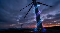 Wind turbine with glowing blue energy spiral at sunset showcasing renewable power generation and sustainable technology for environmental projects.