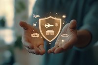 Glowing shield with travel icons floating above cupped hands against blurred background, representing protection and security in transportation and travel services.