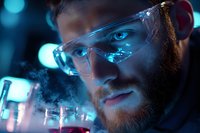 Bearded scientist in protective eyewear examining glowing red liquid in laboratory glassware against dark background with blue bokeh lights and vapor effects.