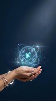 Hands holding glowing digital network sphere with communication satellites and orbital rings for technology and connectivity concepts.