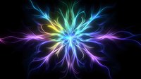 Vibrant rainbow energy burst with glowing plasma rays radiating from center point against black background, creating dynamic abstract light pattern.